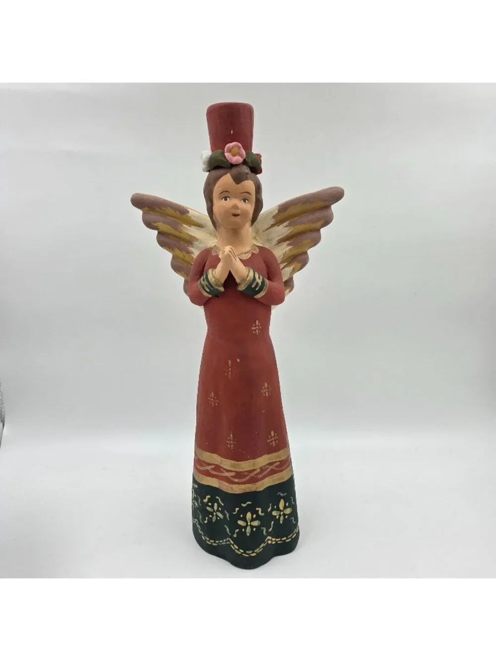 Peruvian Hand Painted Terra Cotta Angel Candle Holder Folk Art Red - Picture 1 of 5